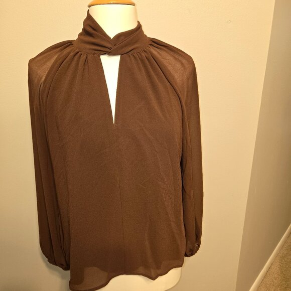 Banana Republic Brown Chiffon Long Sleeve Mock Neck Keyhole Blouse - Picture 1 of 7